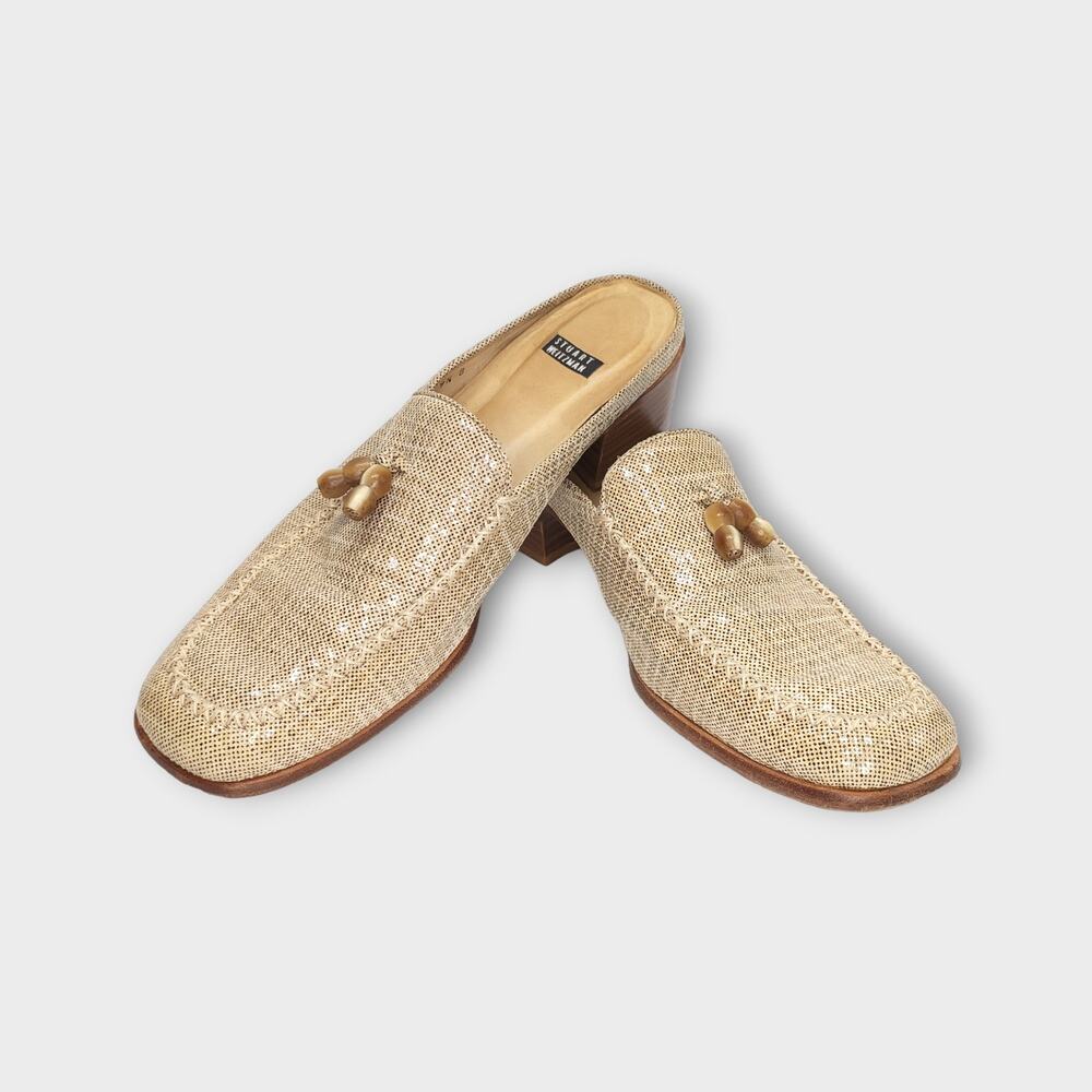 Womens Stuart Weitzman Beige/Tan Slip On Mule Chunky Heel Shoes Size 9.5 B